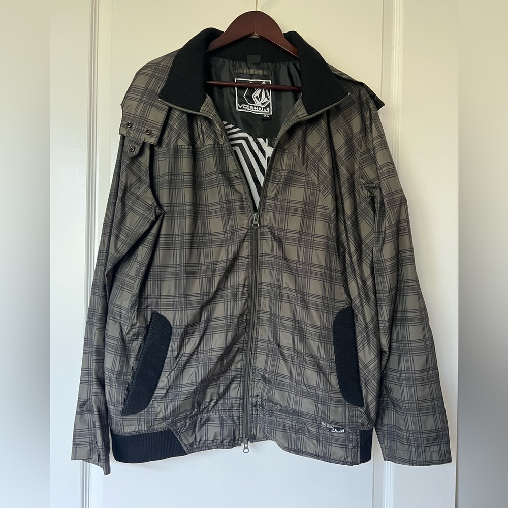 Y2K Volcom Vintage Men's XL Checkered Hooded Windbreaker Olive Green & Black